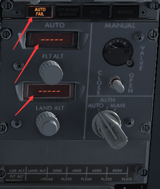 PMDG738巡航阶段增压部分出现AUTO FAIL并报警，巡航高度值消失-7719 