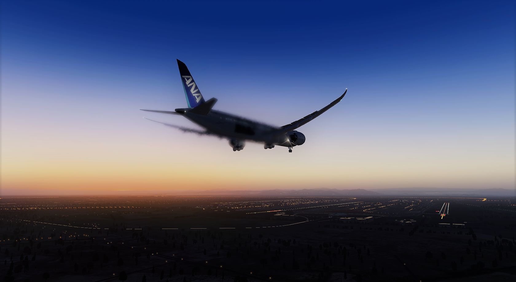 夕阳西下，ANA的787着陆在了ZBAA的01跑道-7760 