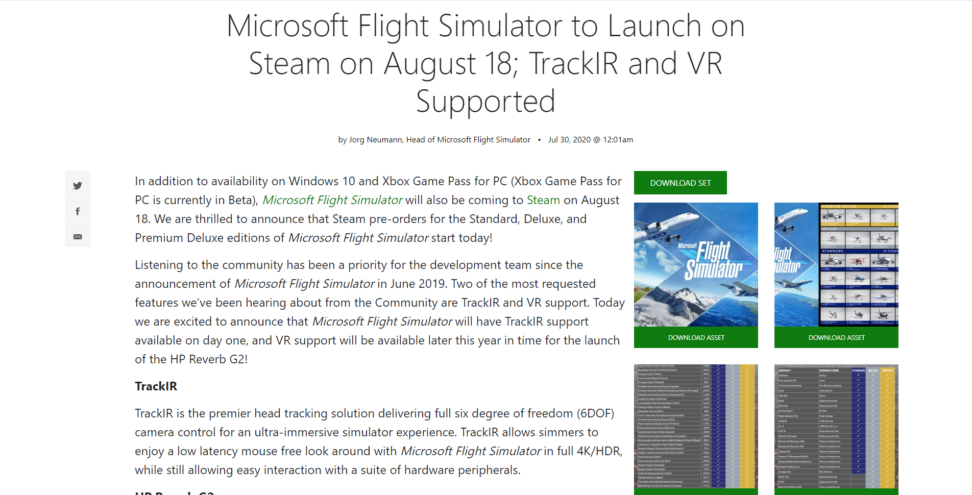 Microsoft Flight Simulator将于8月18日在Steam上启动；支持TrackIR和VR-8550 