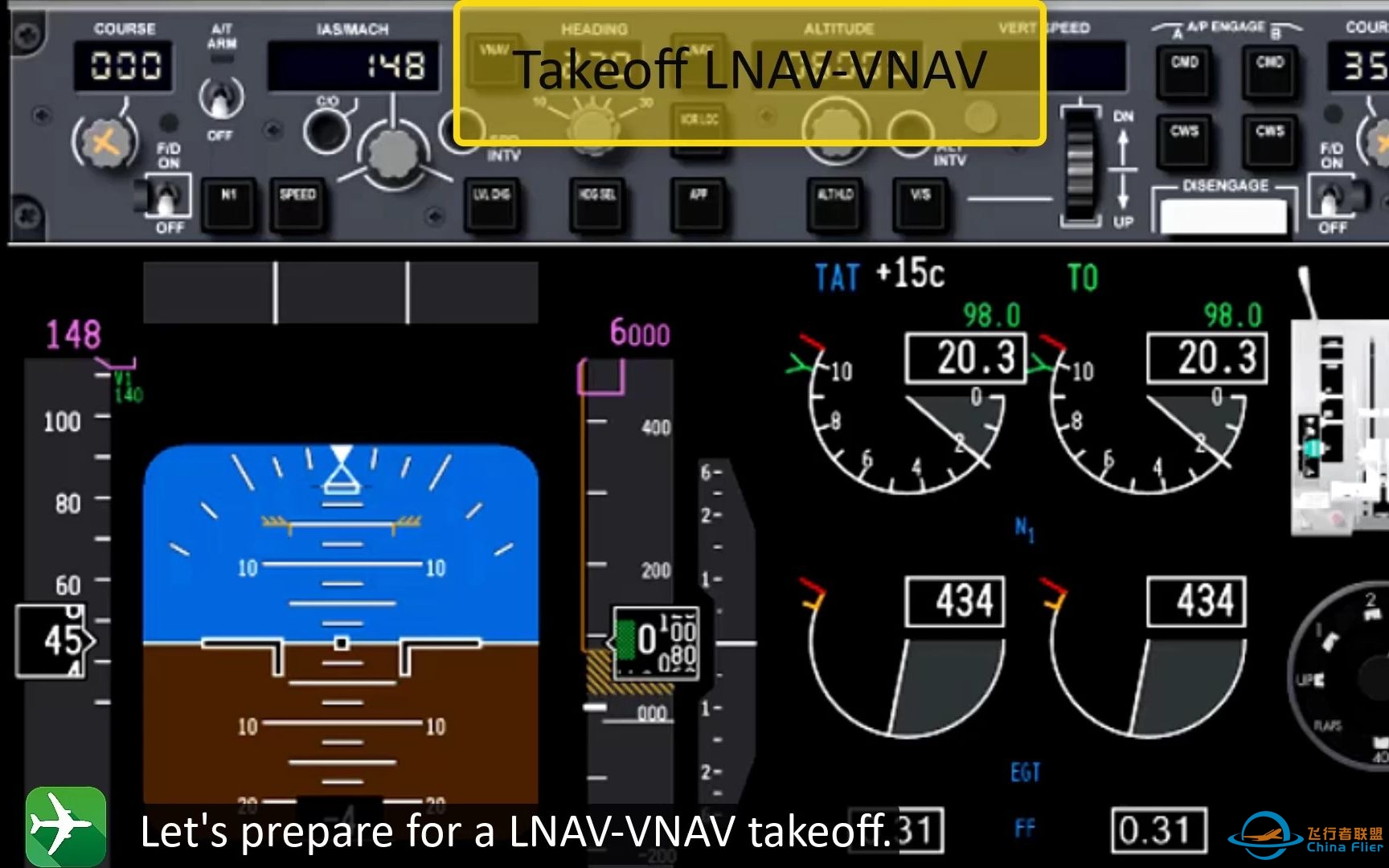 B737NG丨 1.预位LNAV和VNAV起飞（仪表视角）-6405 