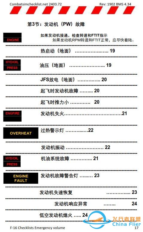 模拟飞行 BMS F-16检查表应急程序 1.6机油压力故障-856